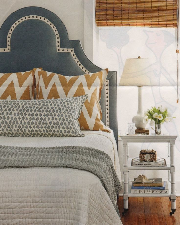 bedroom inspiration â dark gray upholstered headboard, white bedding ...