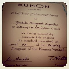 Done with Level 4A in Kumon. By Feb, Bela will be working on Grade 1 materials na