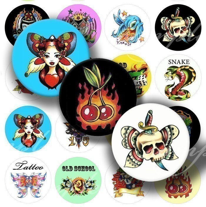 Old School Tattoo Designs Digital Collage ( 121 ) Sheet 1 inch Circles for
