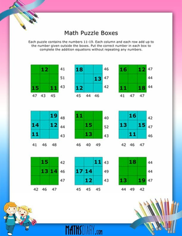 Puzzle Box addition worksheets - Math Worksheets - MathsDiary.com