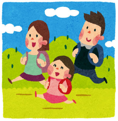 フリー素材 家族で山登りをするところを描いたイラスト お父さんお母さん女の子