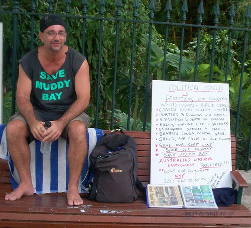 Steve Hitchens protesting about Muddy Bay, North Qld - Invasion Day Rally and March, Parliament House, George St, Brisbane, Queensland, Australia 070126