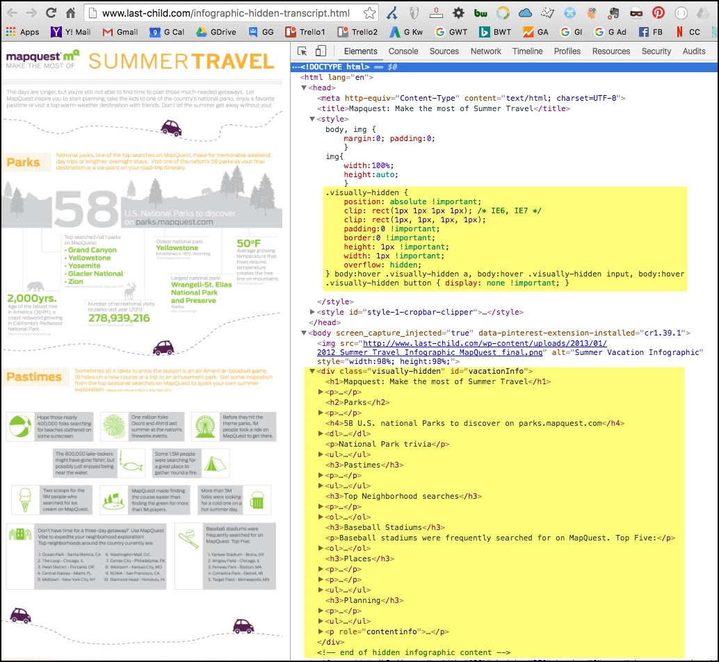 Screenshot of iframe page showing the infographic alongside the code for the page showing formatted descriptive text in the code.