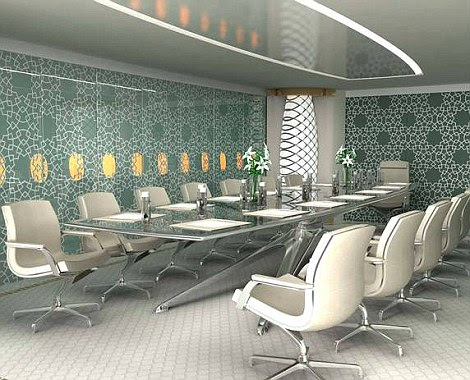 Business class: The plane's boardroom features a table which functions as a giant touchscreen
