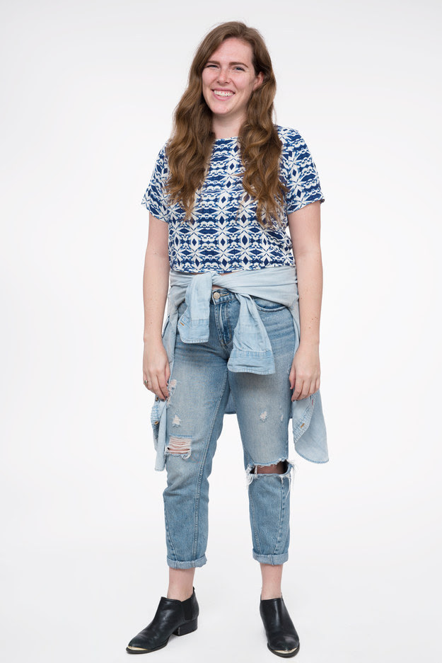 Hi, I'm Casey, and this is what I usually wear: a pair of pants, a colorful top, and my black boots, which are steps away from having holes in them. Oh, and my chambray button-up that's basically my adult version of a little kid's stuffed animal.