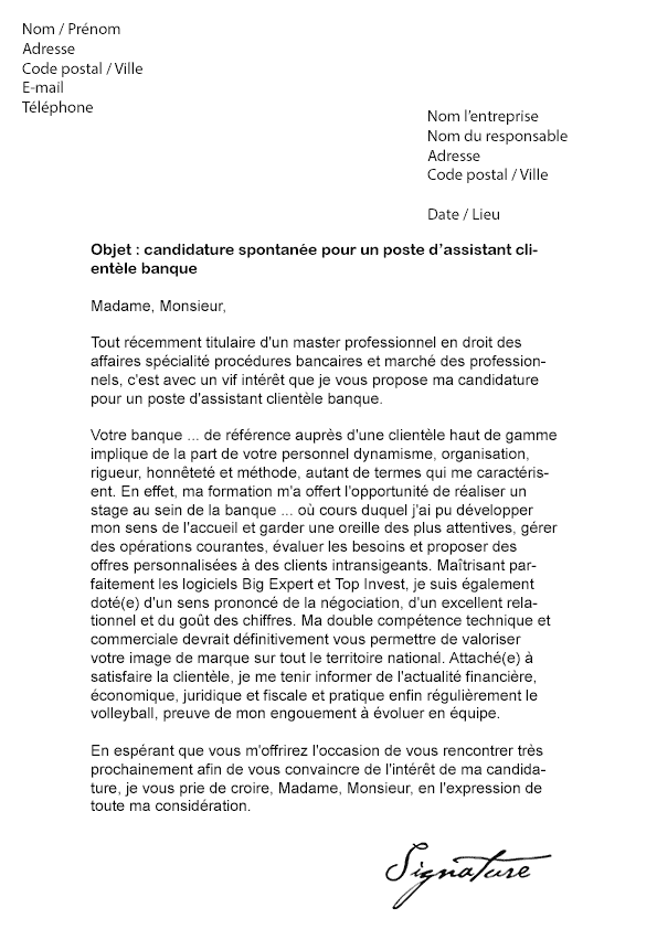 Lettre de motivation Assistant clientèle banque (débutant 