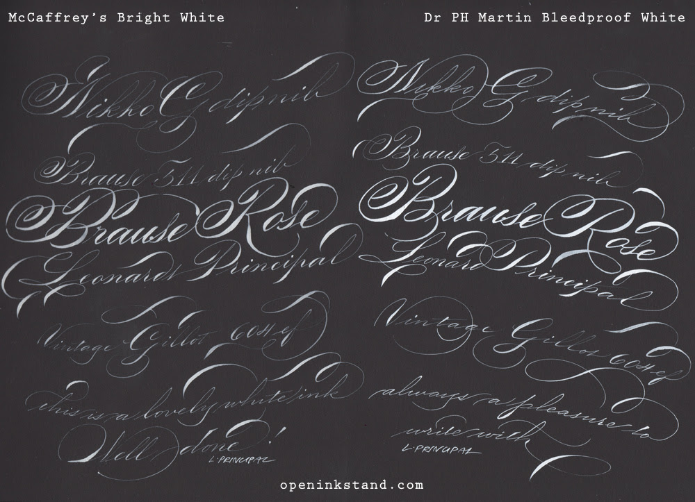 Comparison Between Two White Inks Mccaffrey S Bright White And Dr Ph Martin Bleedproof White Calligraphy