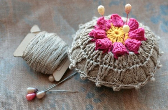 Linen  pincushion - crochet motif -- fuchsia flower