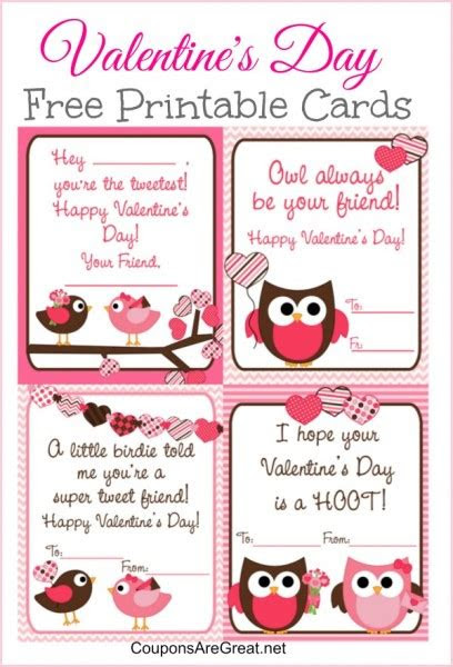  free printable valentines day cards for kids with owls and birds