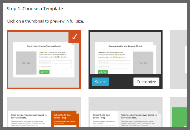 Popup Template Selection