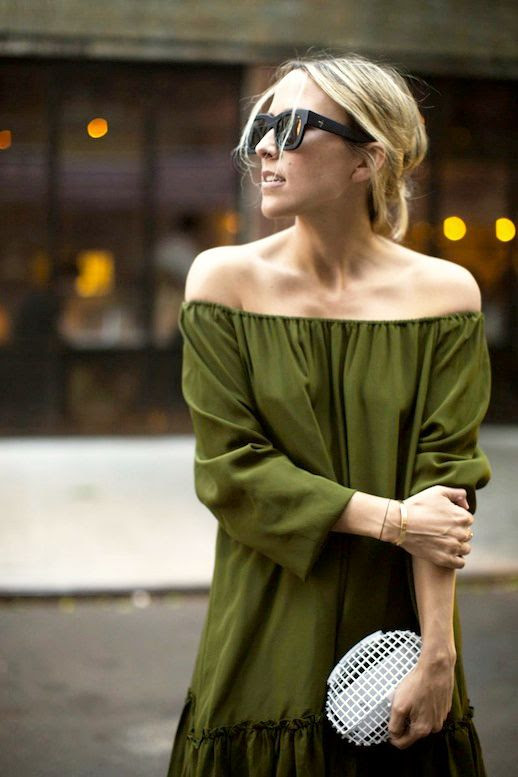 Le Fashion Blog Blogger Style Summer Date Night Look Black Sunglasses Up Do Hair Dark Green Off The Shoulder Ruffled Dress White Clutch Via Damsel In Dior