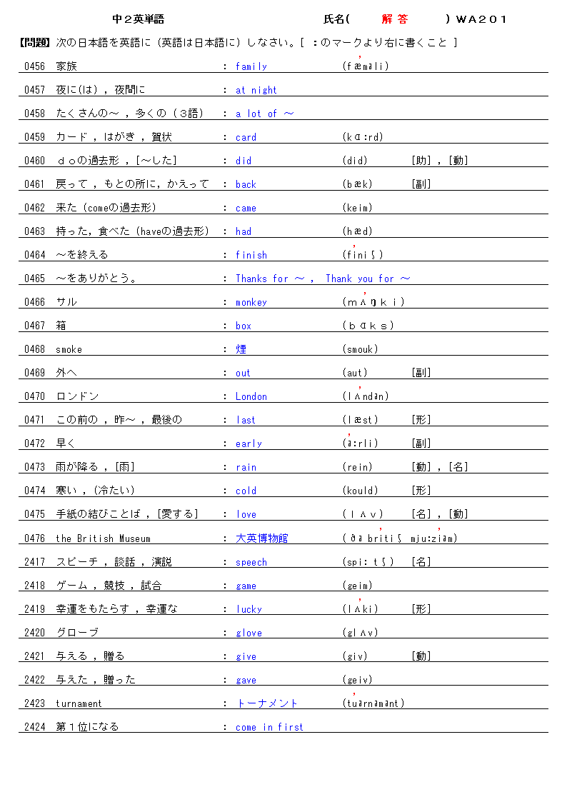 中２英単語 解答 1