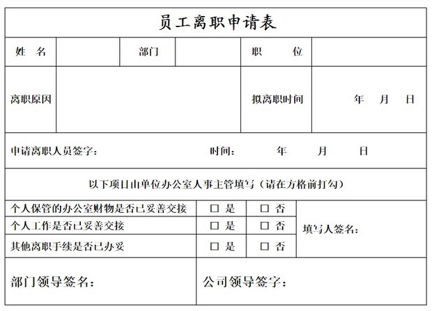 员工离职申请表 模板 绿色文库网