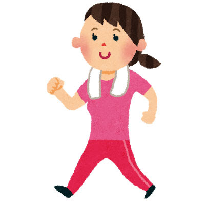 無料素材 首にタオルをかけてウォーキングをする女性のイラスト 運動や健康がテーマのデザインに