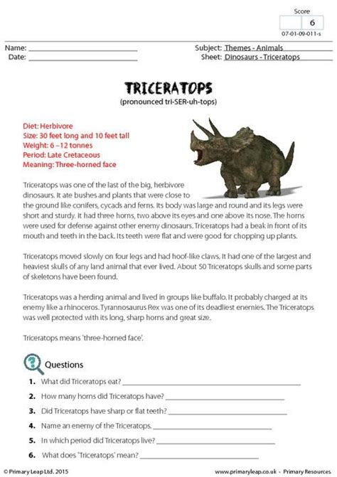  primaryleapcouk fact sheet triceratops worksheet dinosaur
