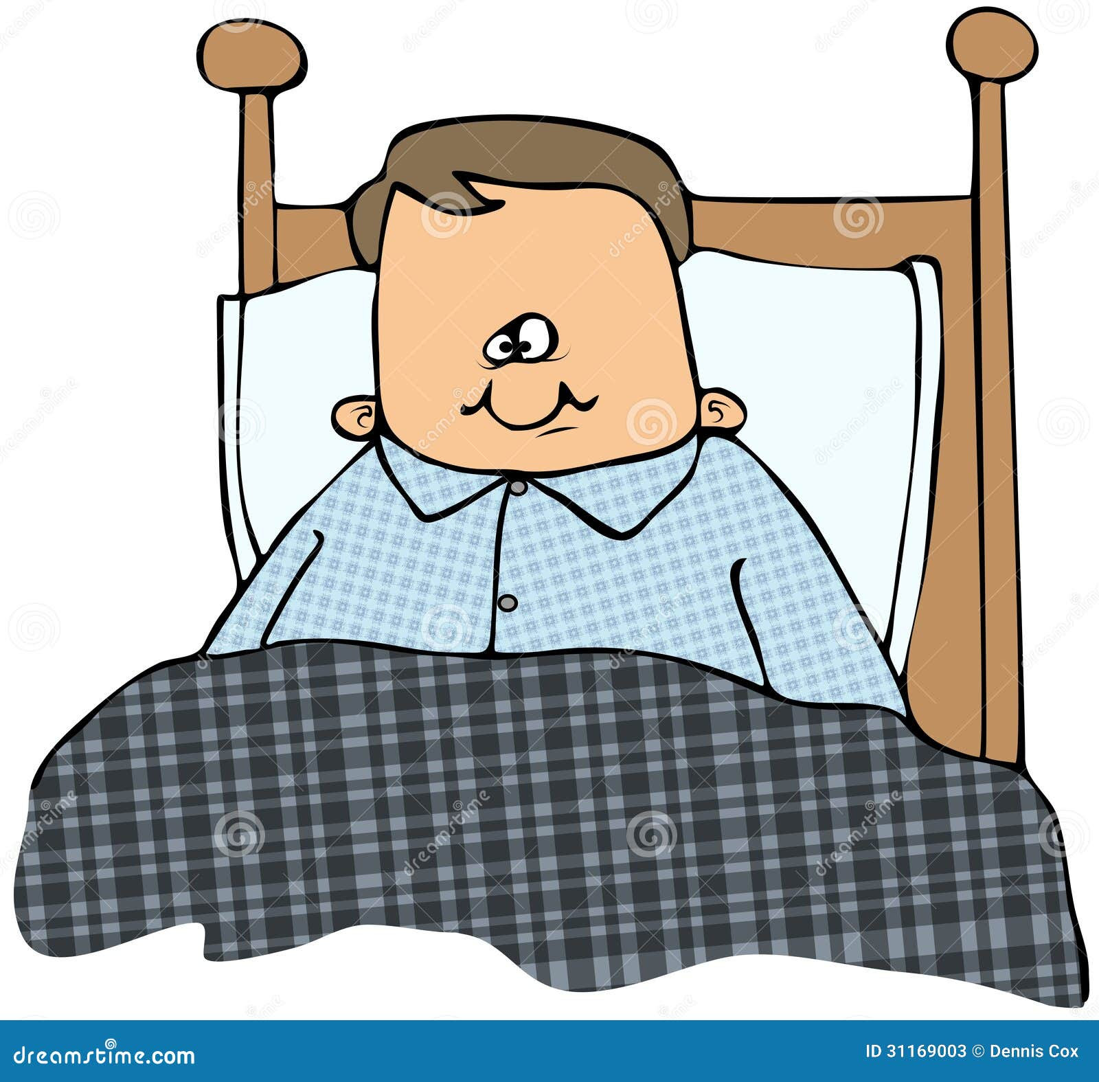... illustration depicts a boy wearing blue pajamas sitting up in bed