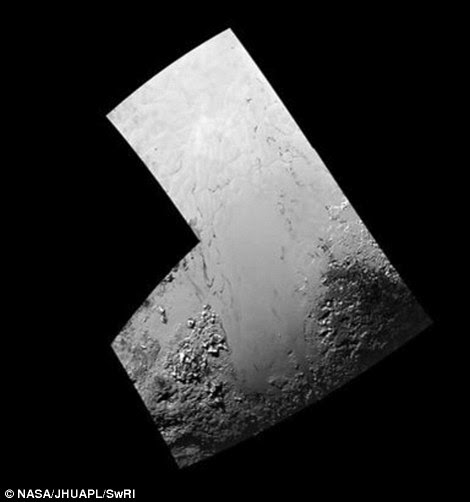 Mission scientists believe we are looking at one end of an elongated body about 25 miles (40km) in diameter. On the right is a mosaic of the icy plains, which appear next to the mountainous region that has been compared to the Rockies