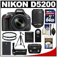 Nikon D5200 Digital SLR Camera & 18-105mm VR DX AF-S Zoom Lens with 55-200mm VR Lens + 64GB Card + Case + Battery + Grip + Tripod + Filters + Remote + Accessory Kit