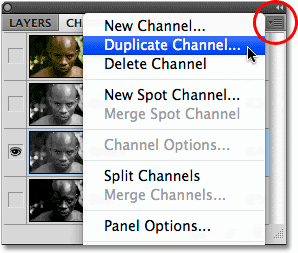 Selecting the Duplicate Channel option in Photoshop. Image © 2009 Photoshop Essentials.com.