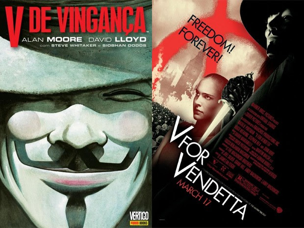 À esquerda, capa da edição brasileira do quadrinho 'V de vingança', e, à direita, cartaz original da adaptação para o cinema de 2005 (Foto: Divulgação)