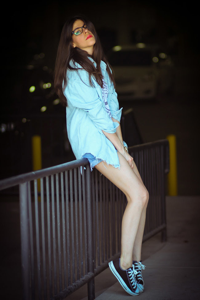 Jet jean shorts, Modekungen denim shirt, Marc Jacobs gold watch, Converse Chuck Taylor, Bonlook eyeglasses, Malibu Native, Fashion Outfit