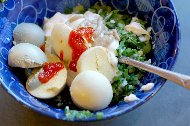 Sriracha Cilantro Scallion Deviled Eggs by Eve Fox, Garden of Eating blog, copyright 2011