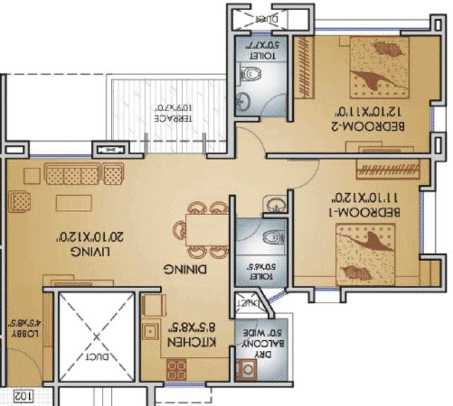 Teerth Towers 2 BHK Flat 779 Carpet+DryBalcony+Terrace