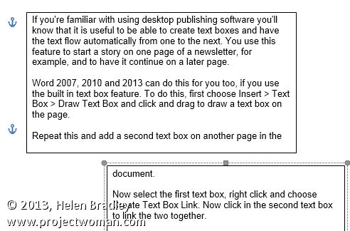 Word 10 And 13 Tip Flow Text Through A Document With Linked Text Boxes Projectwoman Com