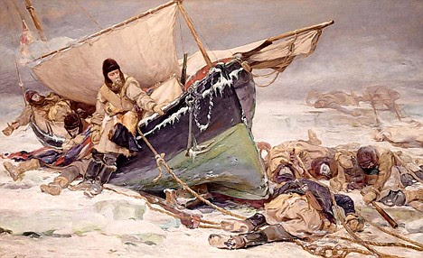 A painting of Sir John Franklin and crew dying by their ice-bound 
boat