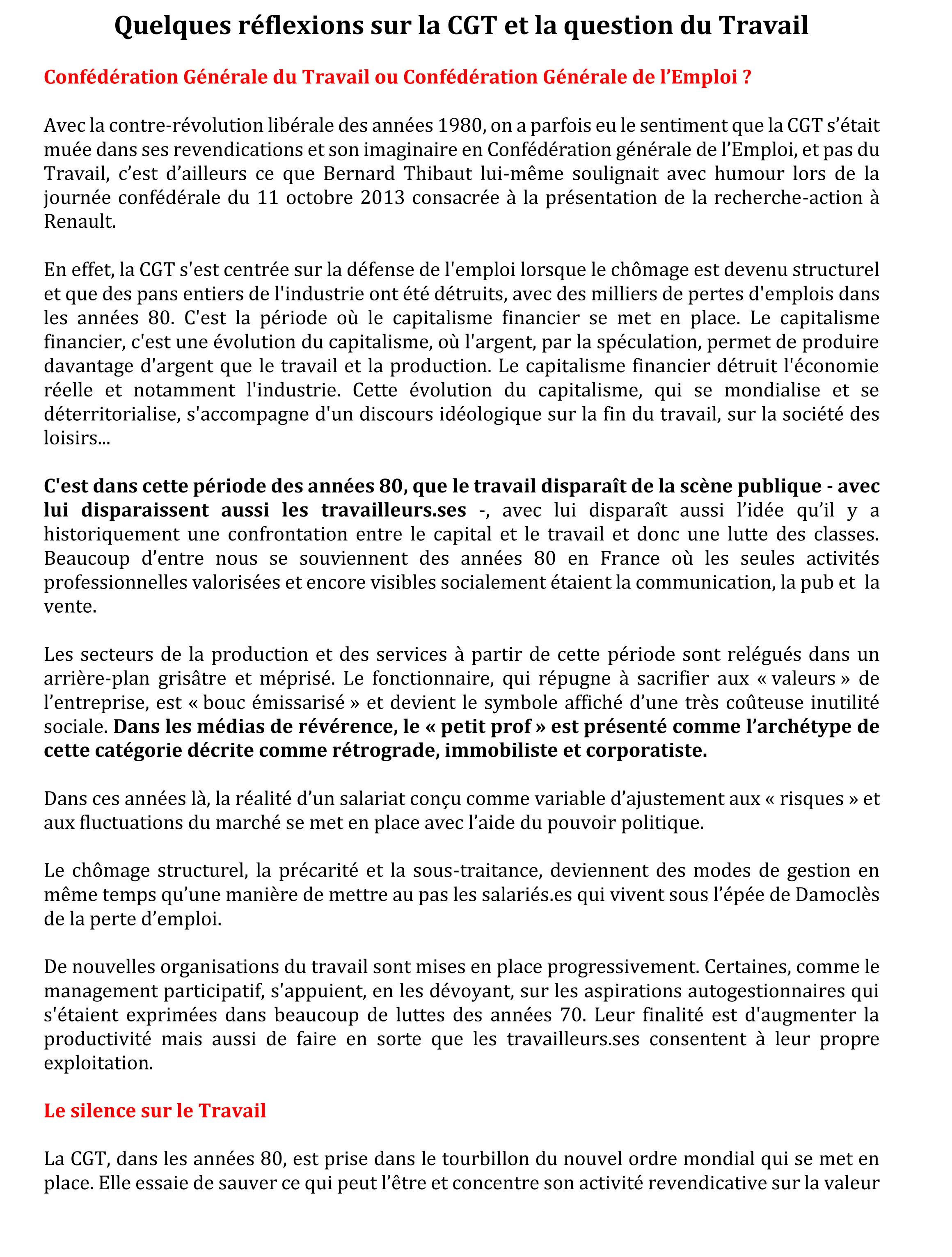 Quelques Réflexions Sur La Cgt Et La Question Du Travail - 