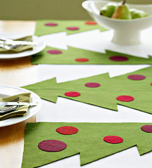 felt Christmass trees on tablecloth