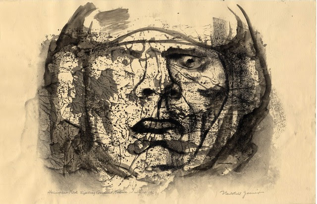 stylised drawing of distraught/shocked helicopter pilot's face and helmet