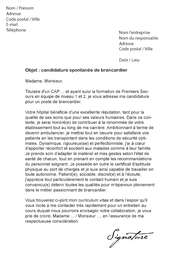 Lettre de motivation Brancardier - Modèle de Lettre