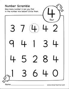  number scramble activity worksheet for number 4 for preschool children