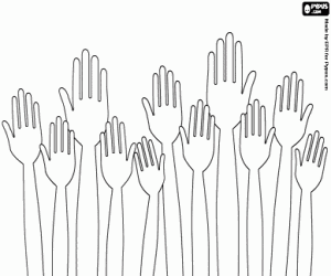 Coloriage Journée internationale des volontaires, le 5 décembre. Les mains surélevées de ceux qui veulent être bénévoles