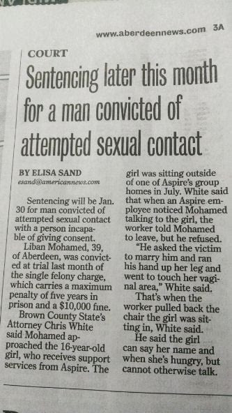 Article in the Aberdeen American News that failed to mention sex crime convict was a newly arrived refugee from Somalia.