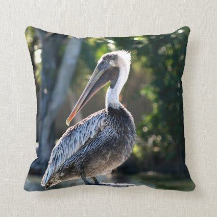 young pelican on stump wild bird photograph throw pillows