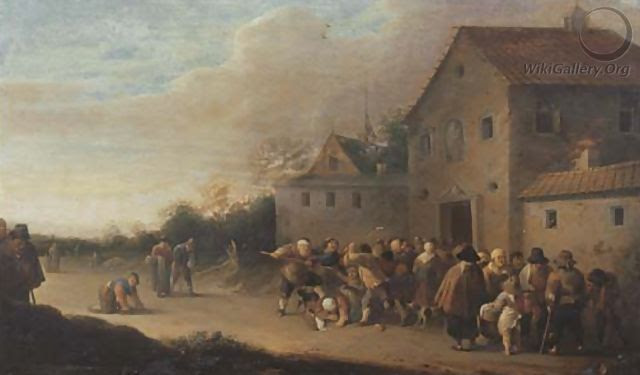 Uma paisagem de aldeia com a distribuição de pão aos pobres - Pieter de Bloot