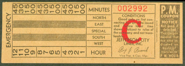 Jefferson City Lines MO bus transfer 1948