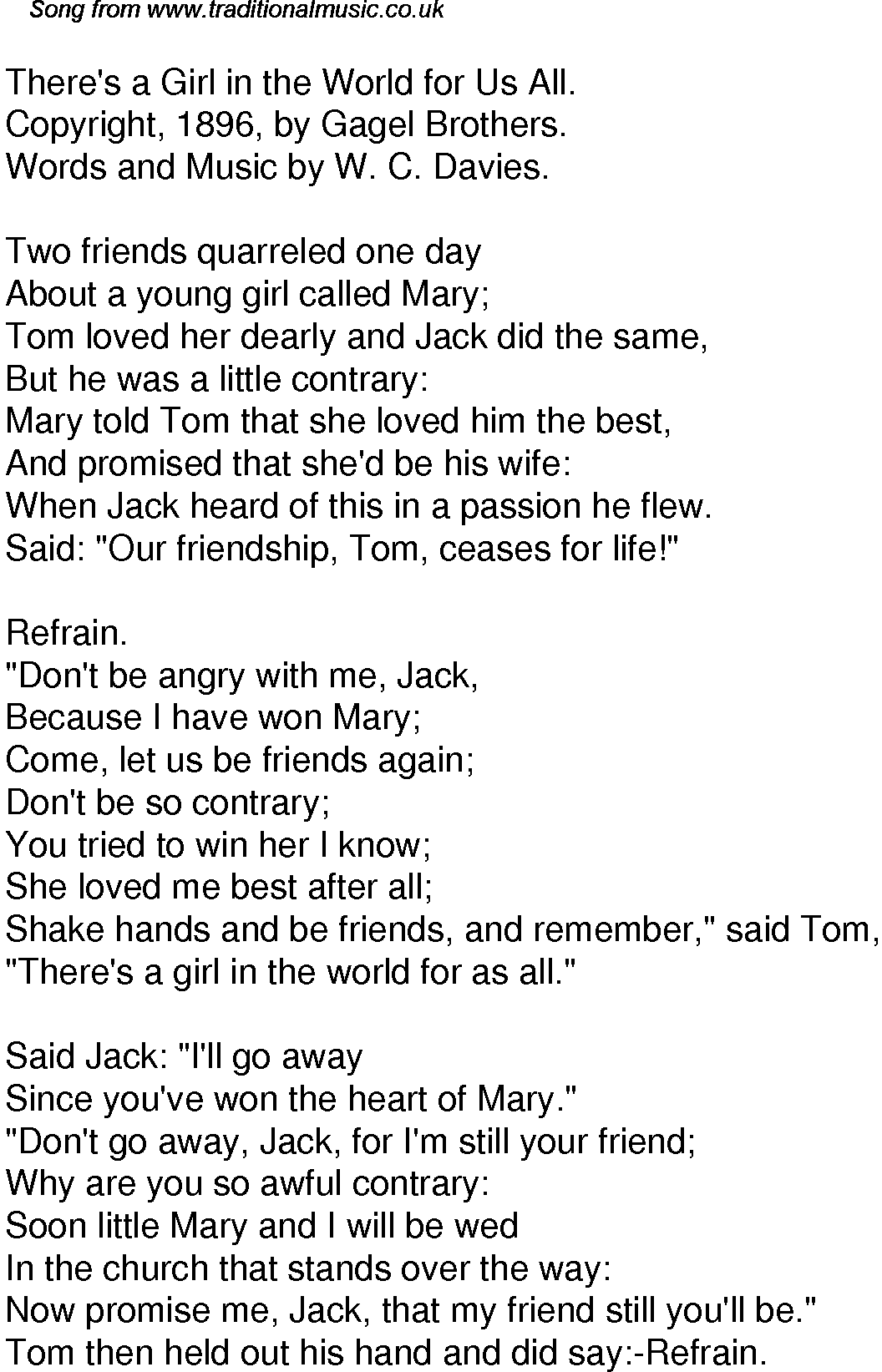Old Time Song Lyrics For 54 There S A Girl In The World For Us All