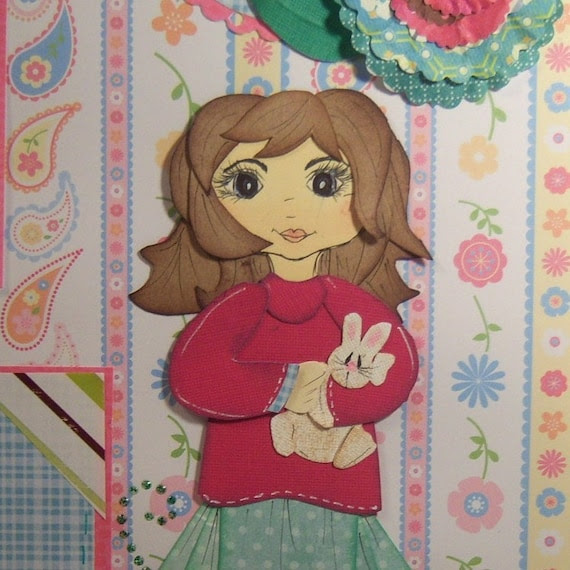 Sweet Girl holding a Bunny Paper Pieced Double Page Layout for Spring or Easter too