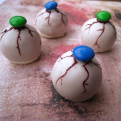 Halloween edible eyeballs made from Red Velvet cake and white chocolate.