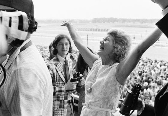 This June 9, 1973 file photo shows Penny Chenery, owner of Secretariat, reacting after her horse won the Belmont Stakes, and the Triple Crown.