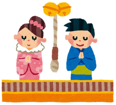 無料素材 初詣で賽銭箱の前で手を合わせてお願い事をするカップルのイラスト