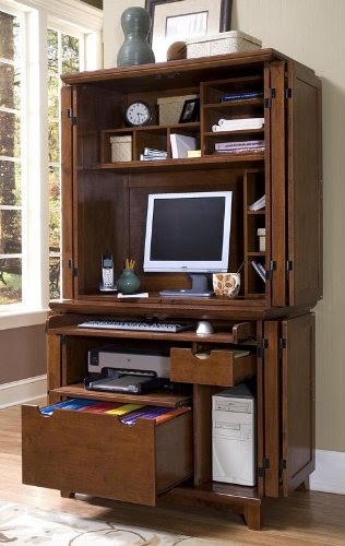 Arts & Crafts Compact Computer Cabinet with Hutch , Cottage Oak (Cottage Oak) (70.25H x 37.75W x 23.75D)