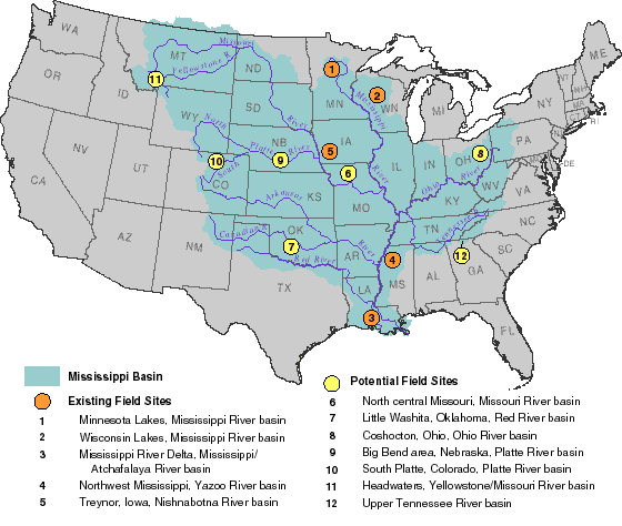 Map showing the Mississippi River Basin and existing and potential MBCP 