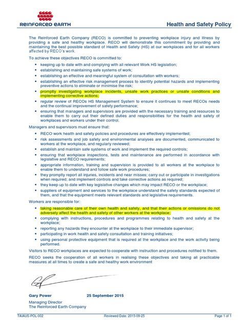 health  safety policy occupational safety  health safety