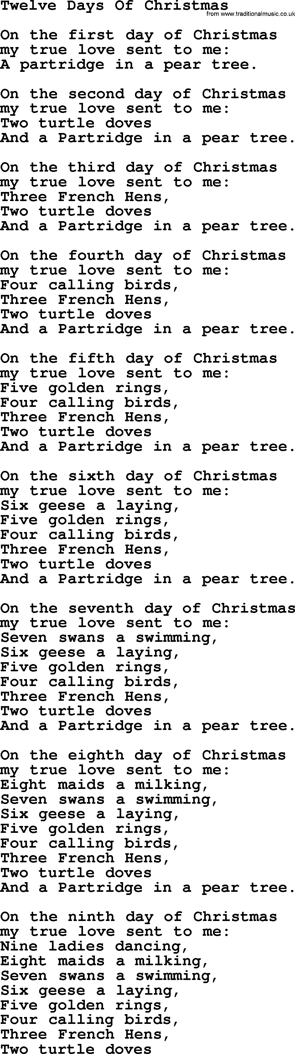 Catholic Hymns, Song: Twelve Days Of Christmas  lyrics 