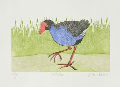 wood block print of pukeko by Allan Gale