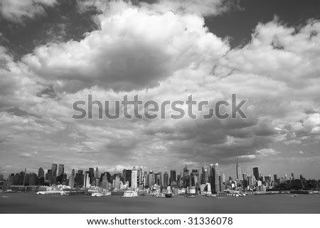 black and white city at night. new york city skyline at night